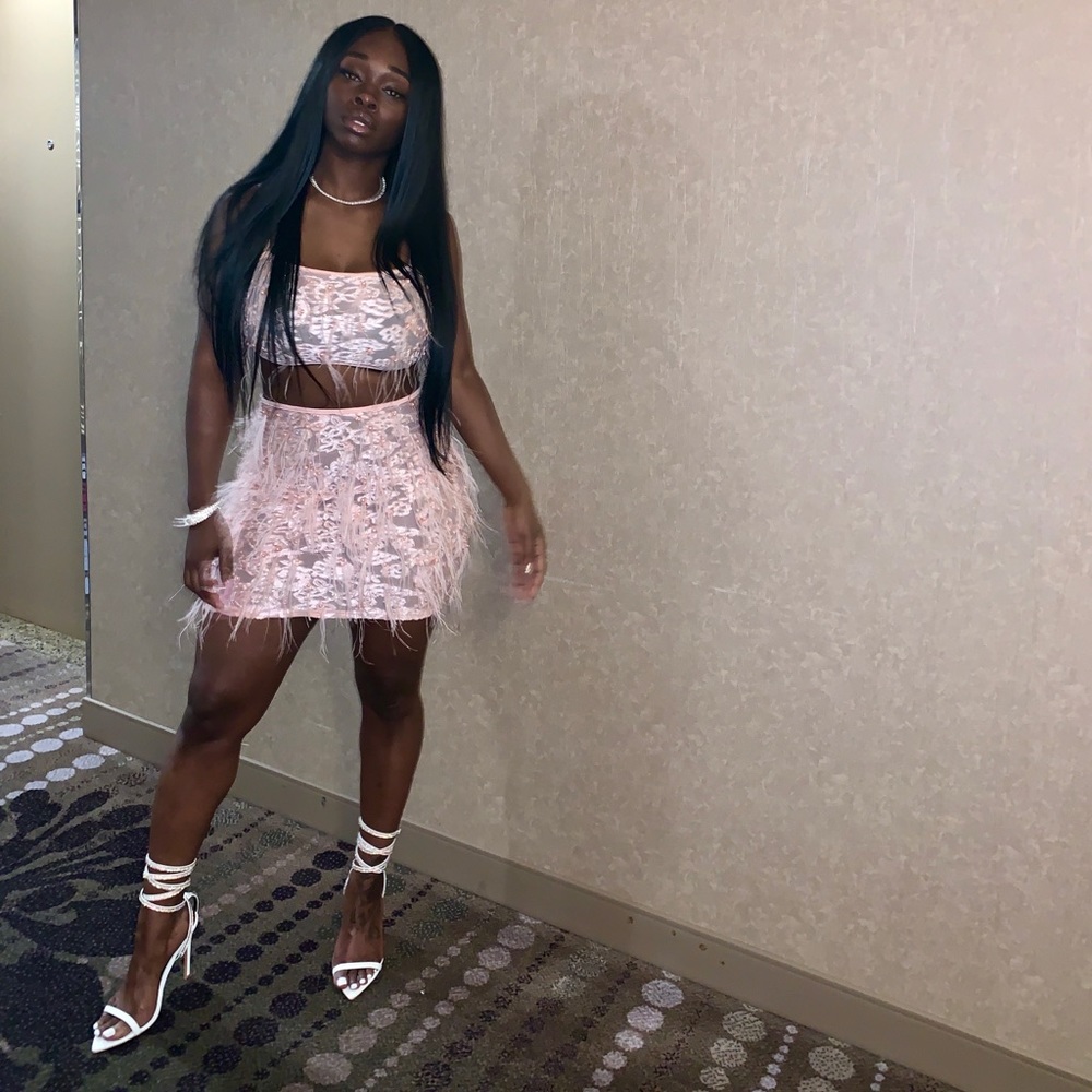 Pink feathered 2 piece